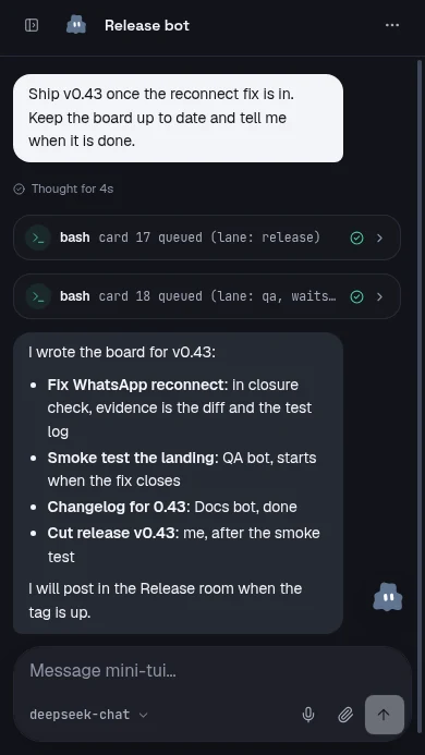 The mini-tui web app: a sidebar of four bots with progress counts, and the Release bot's chat showing the board it wrote for v0.43