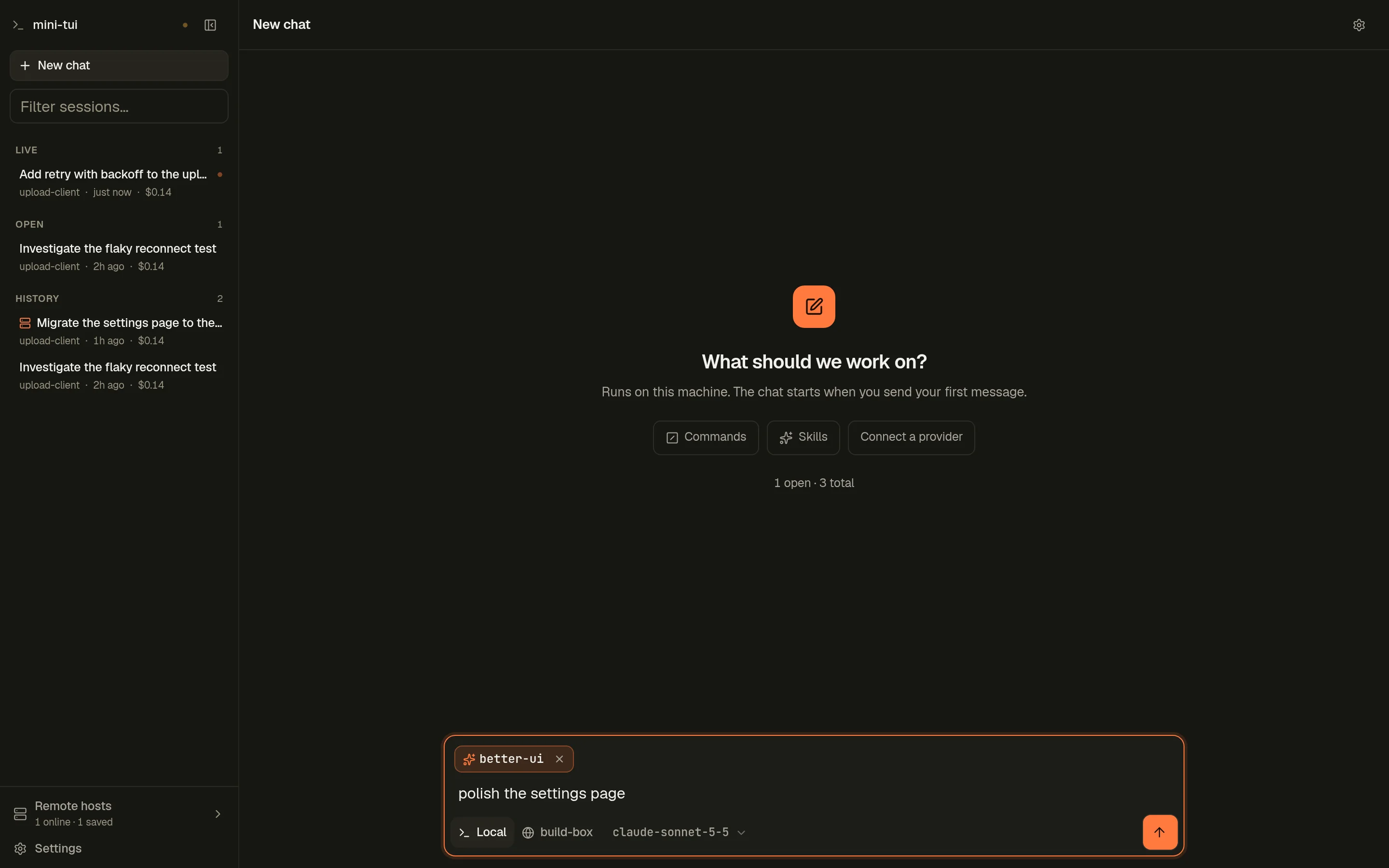 A skill chip above the prompt field, with the typed text below it