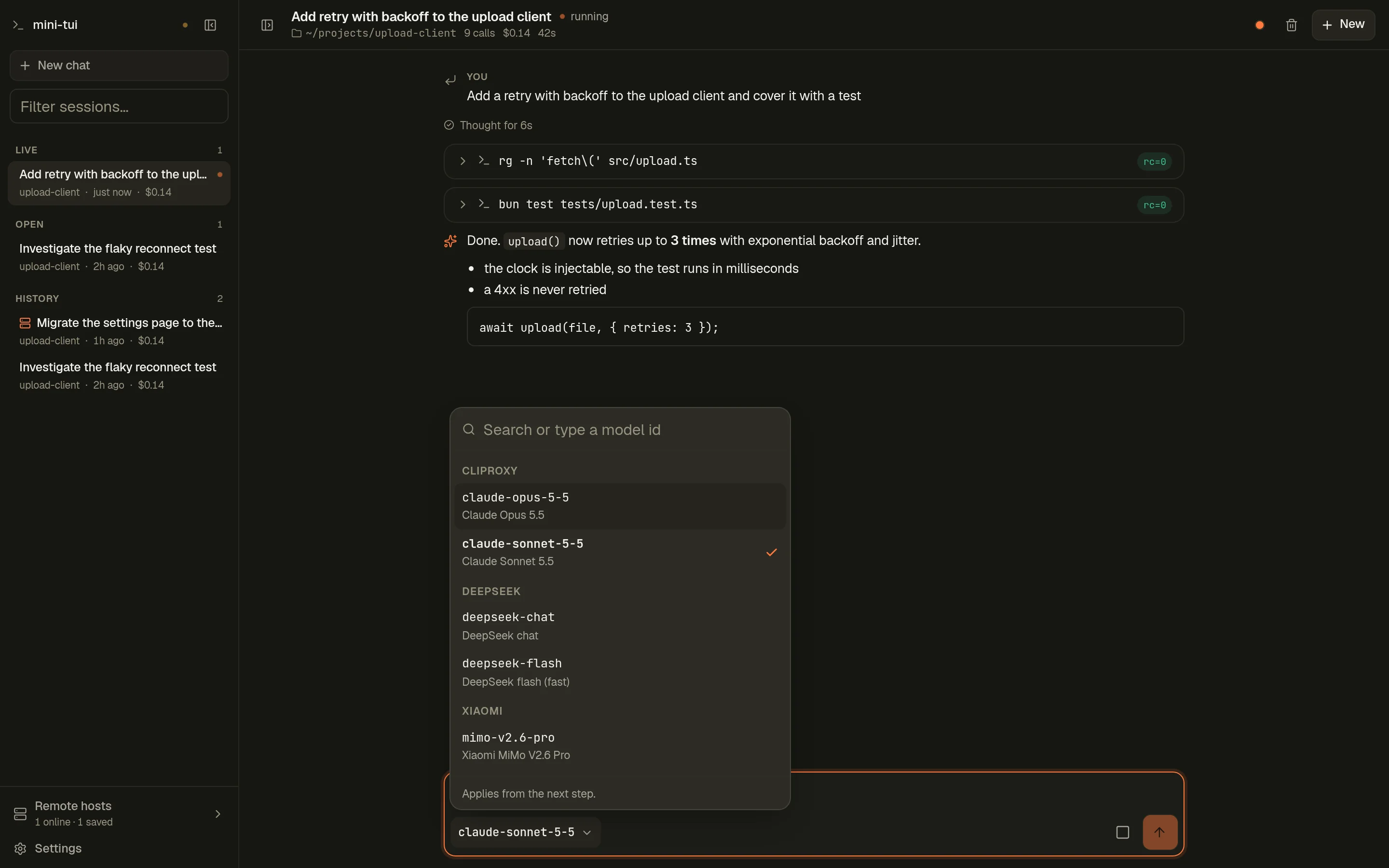 The model switcher open above the prompt bar, grouped by provider