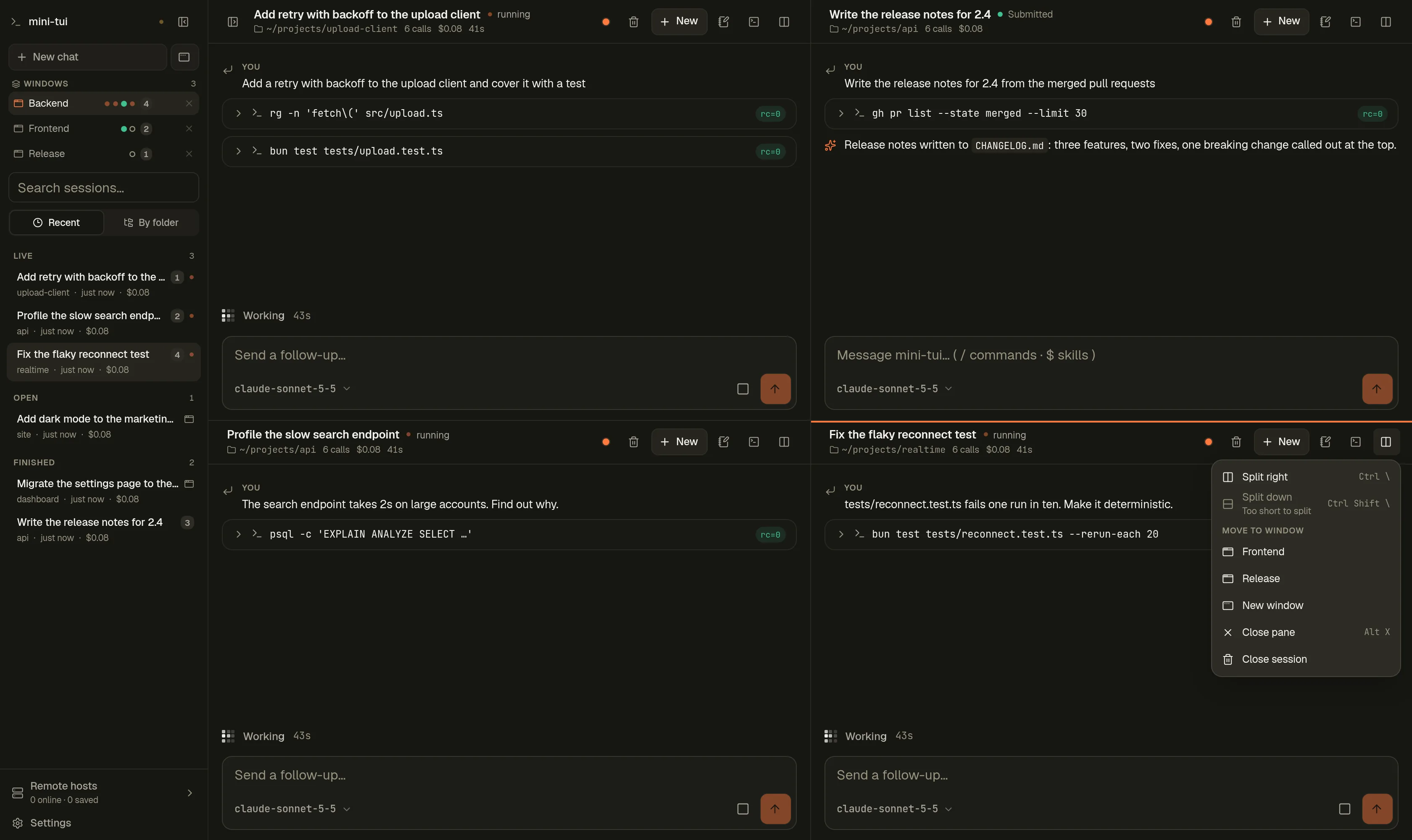 A pane's menu, offering to move the pane to the Frontend or Release window or to a new one