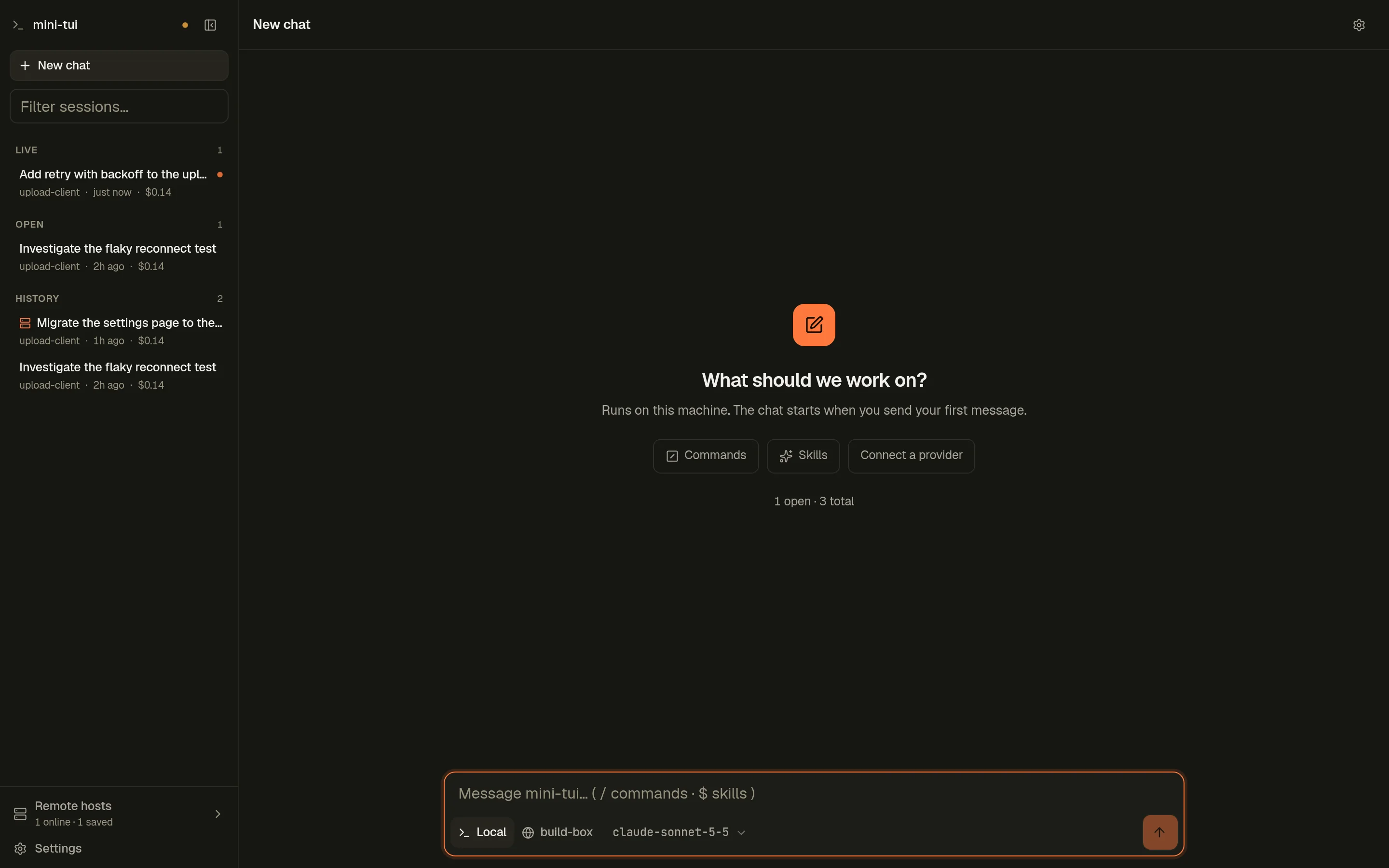An empty new chat: What should we work on? with Commands and Skills starters
