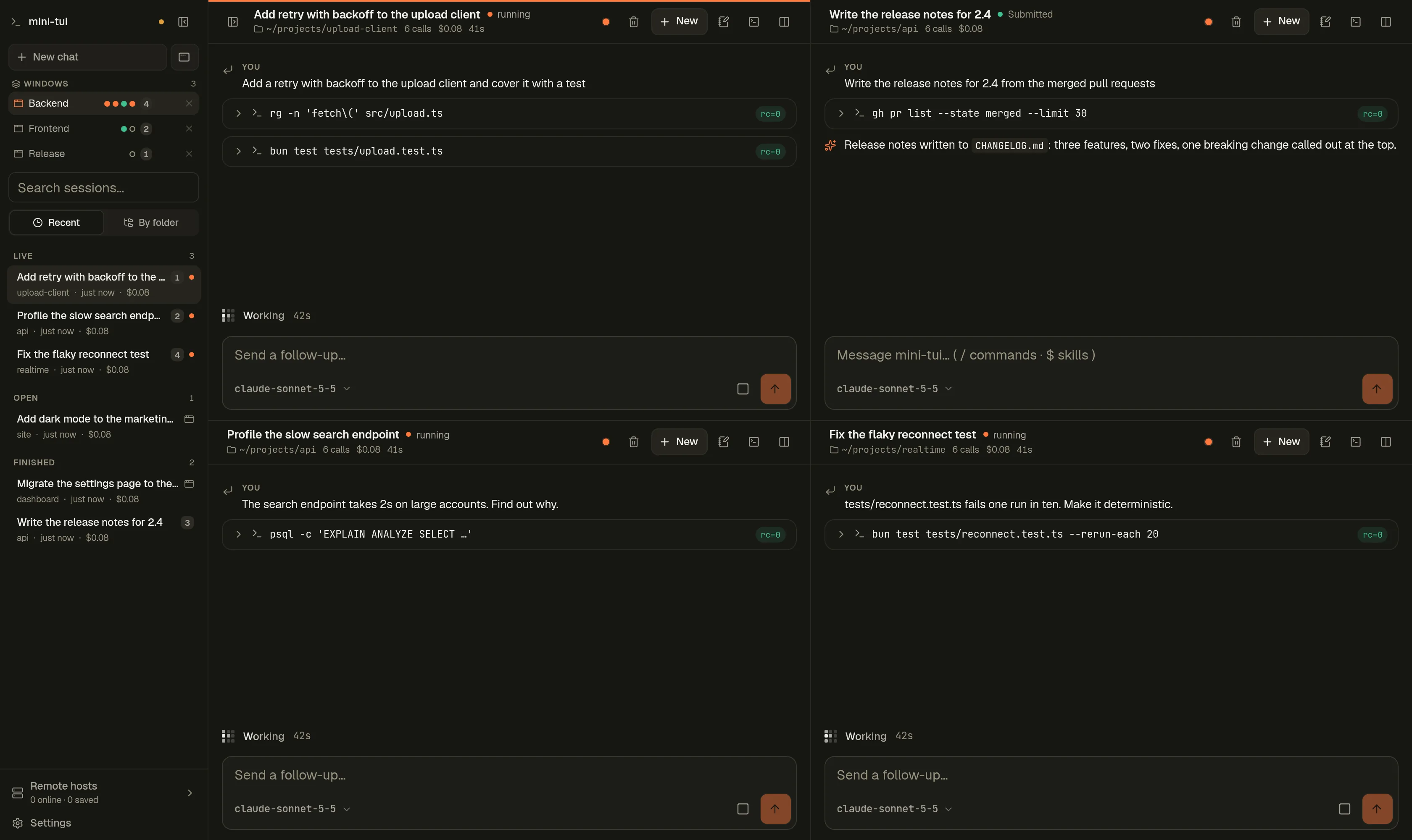 Four sessions side by side in a window called Backend, with the Backend, Frontend and Release windows in the sidebar