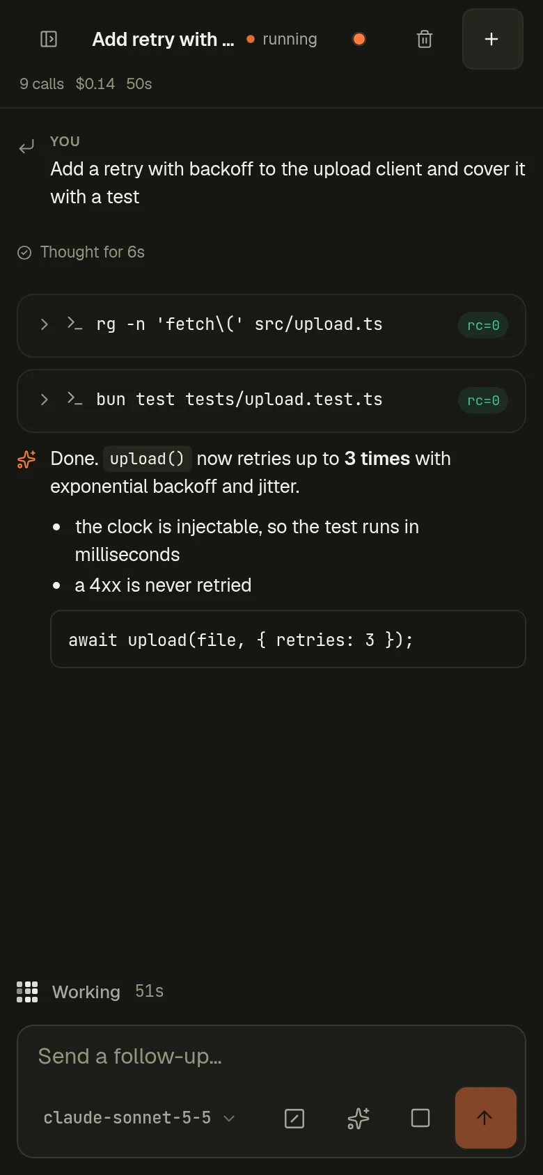 mini-tui on a phone showing a session transcript and the prompt bar