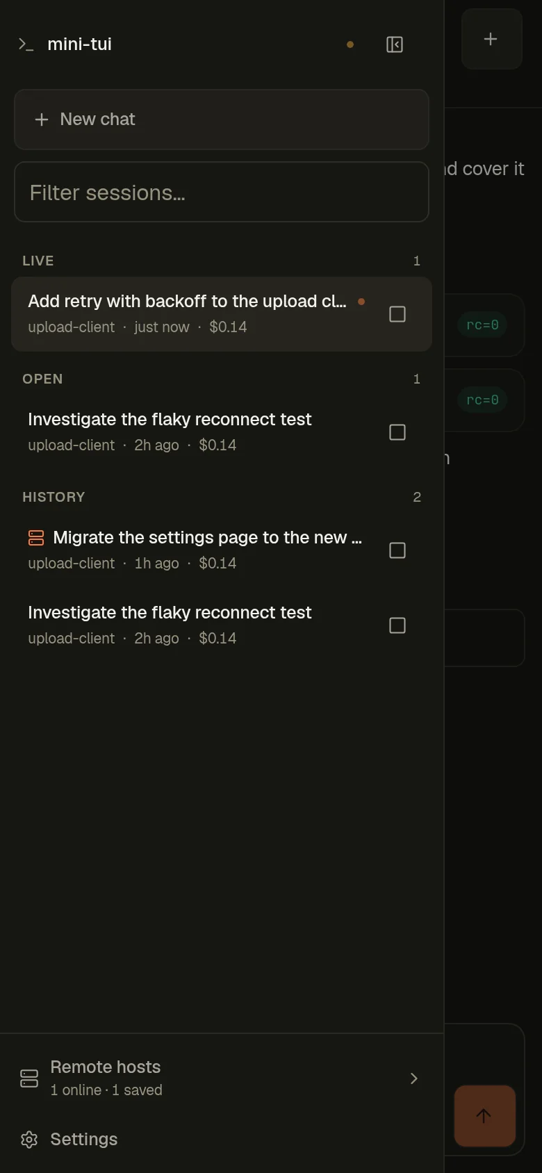 The sessions drawer open on a phone