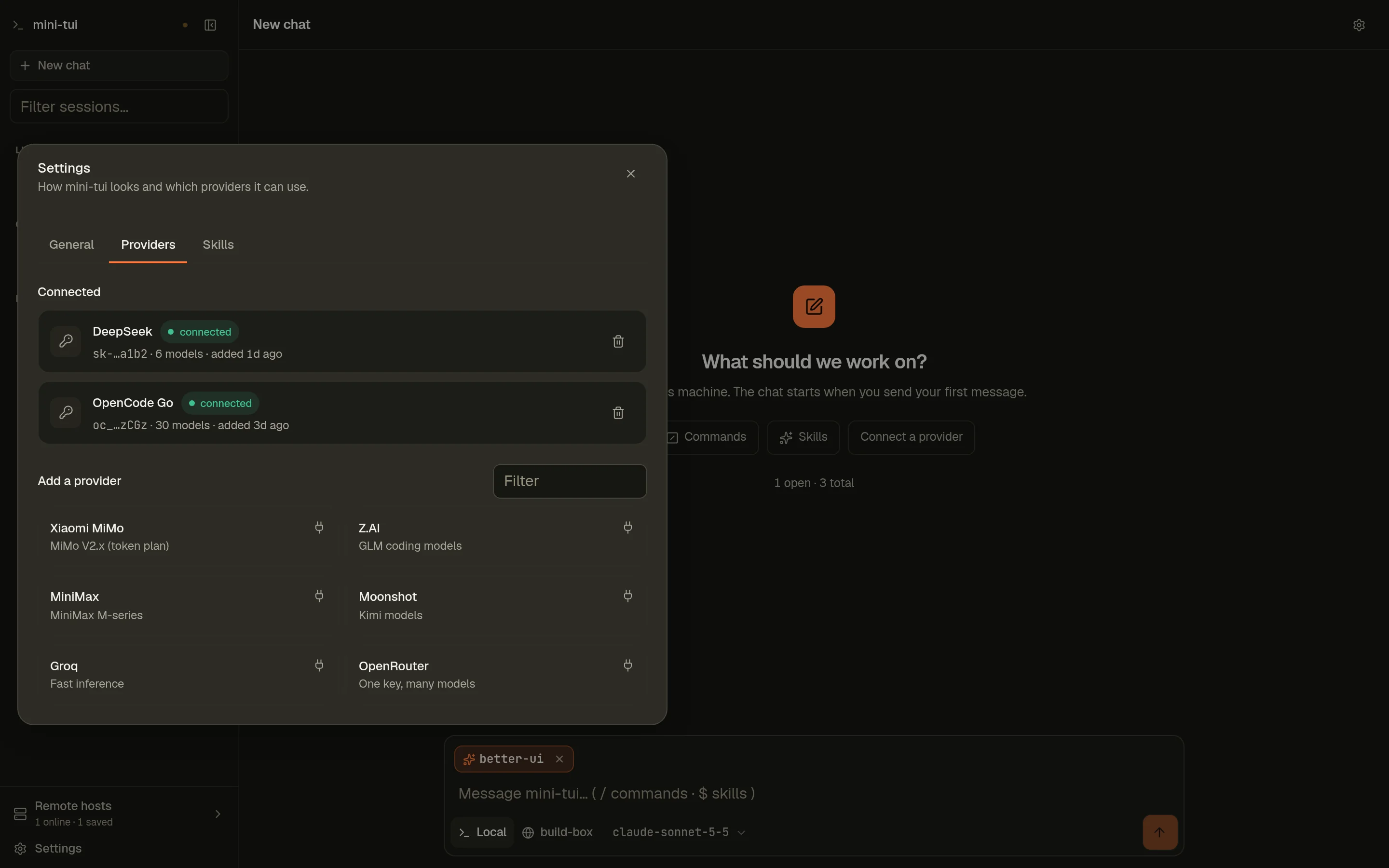 Settings, Providers tab: connected providers with masked keys