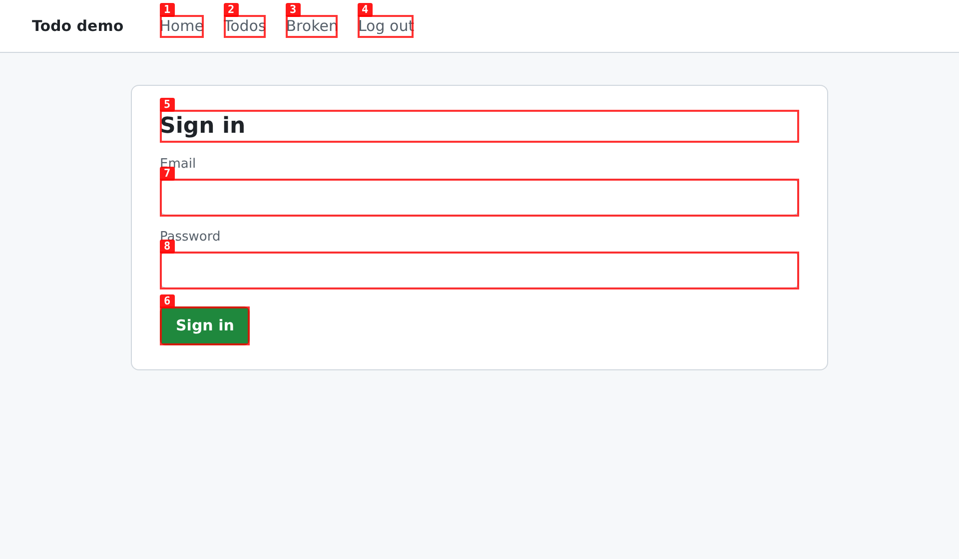 Sign-in page with agent-browser's numbered labels on the email field, password field and Sign in button